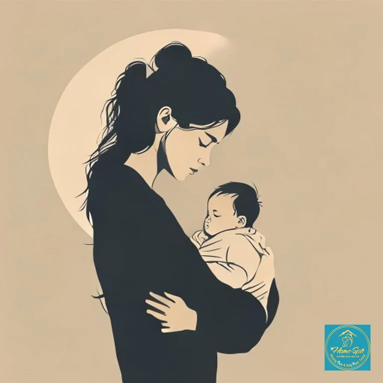 minimalist vector illustration of a sad woman with a baby, symbolizing postpartum depression, 1024x1024