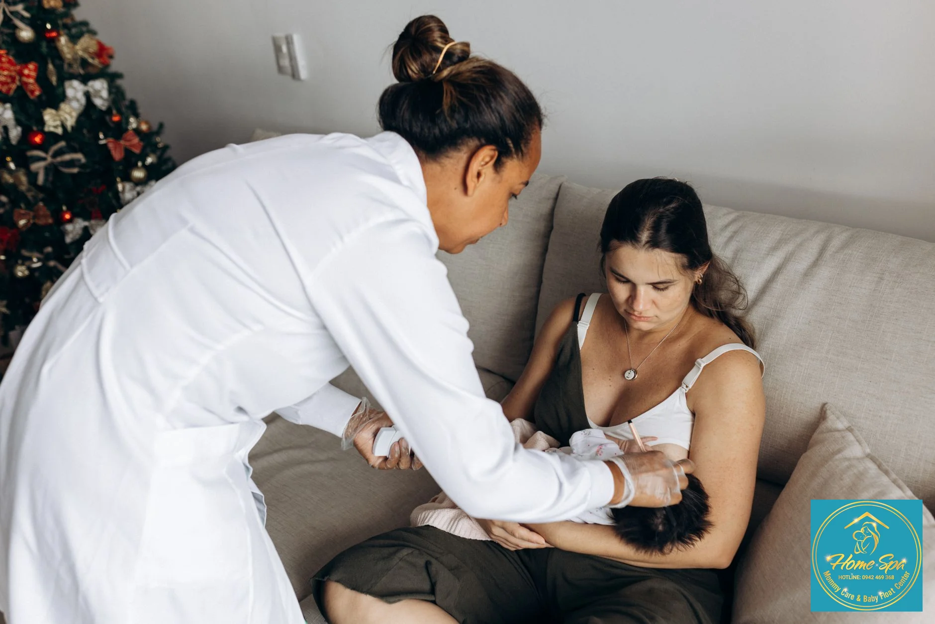 professional photo of a lactation consultant providing support to a new mother, gentle and caring atmosphere, 1024x1024