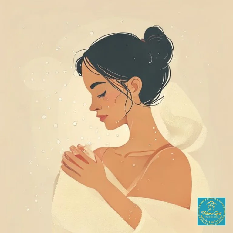 minimalist illustration of a woman gently massaging her breast, with warm towel and water droplets, suggesting breast care, 1024x1024