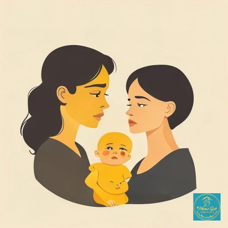 minimalist vector illustration of baby with yellow skin, mother looking worried, 1024x1024