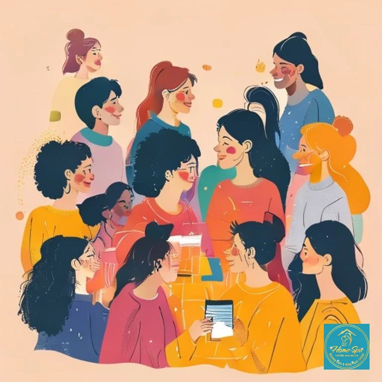 minimalist vector illustration of a diverse group of women connecting and supporting each other in an online community, various digital devices, soft colors, 1024x1024