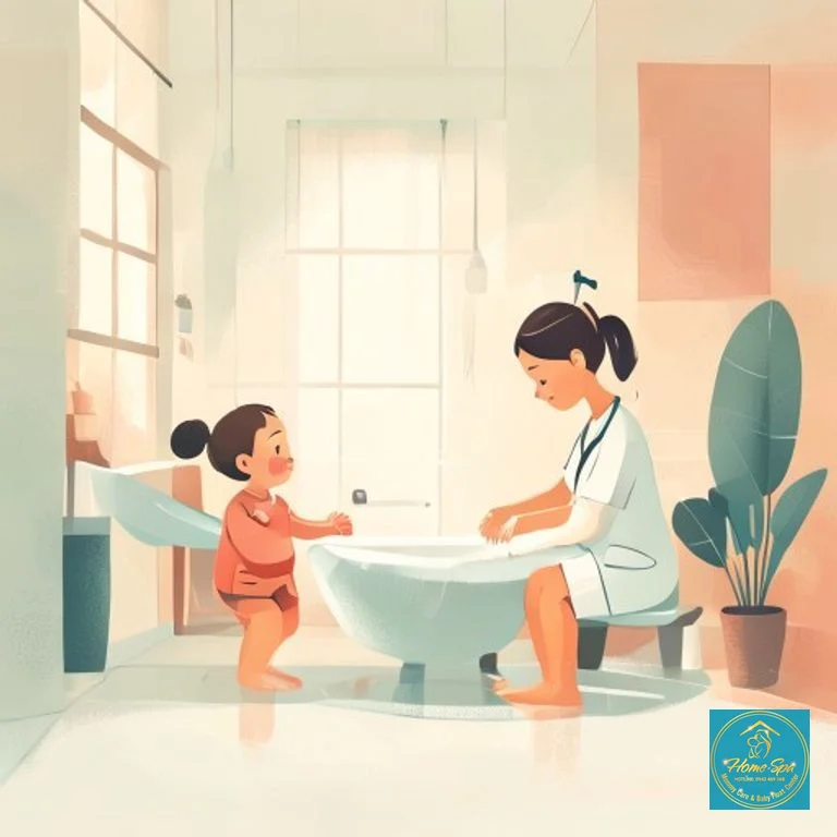 minimalist vector illustration of a baby being bathed by a professional nurse, clean and sterile environment, warm colors, 1024x1024