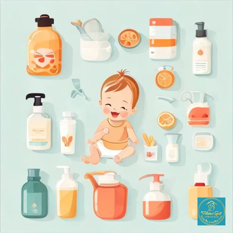 minimalist vector illustration of various baby care products and a happy baby, representing professional service packages, 1024x1024