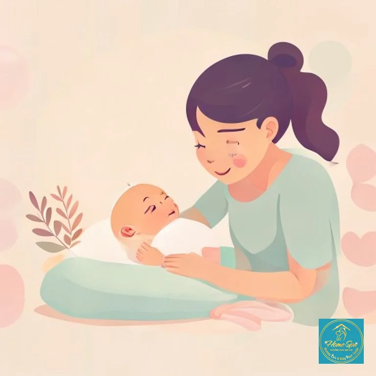 minimalist vector illustration of a happy baby being massaged by a professional, soft pastel colors, 1024x1024