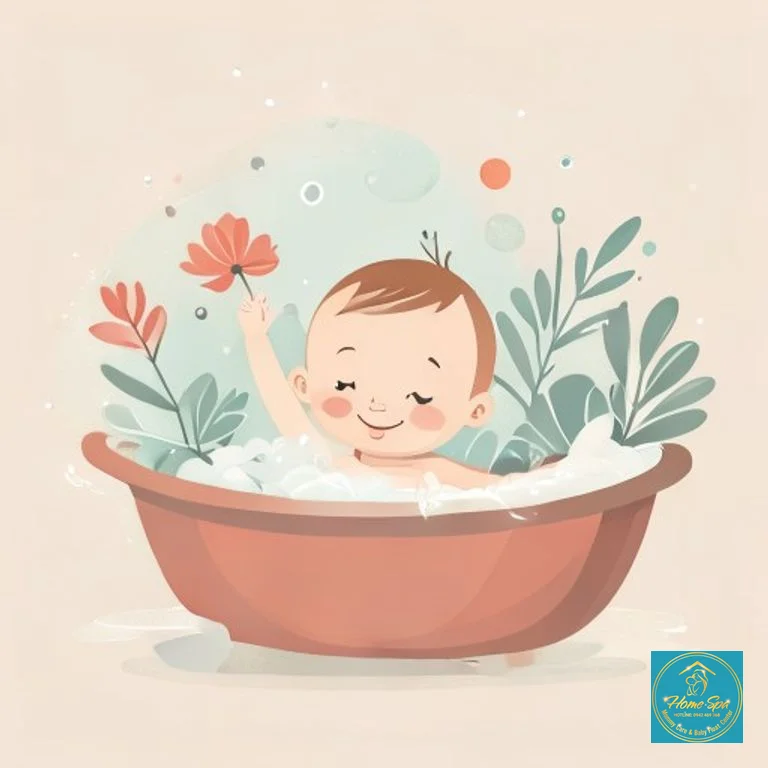 minimalist vector illustration of baby enjoying bath with sensory stimulation elements, soft colors, 1024x1024