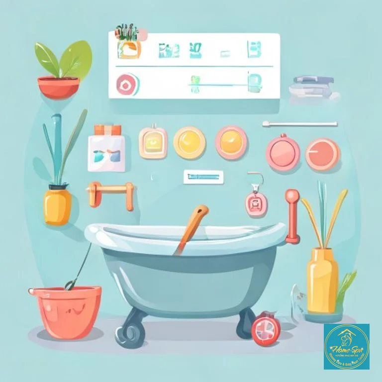 illustrative graphic of a checklist for baby bath preparation, showing icons for temperature, products, and safety, 1024x1024