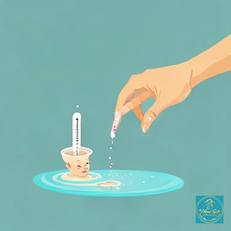 minimalist vector illustration of a hand checking baby bath water temperature with a thermometer, 1024x1024