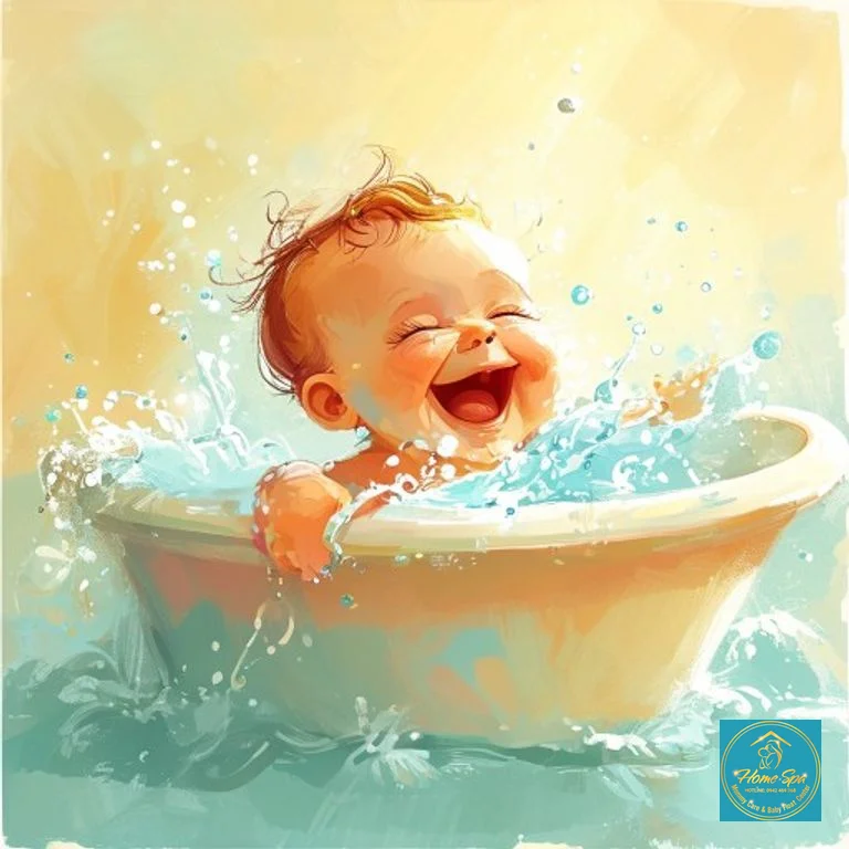 vibrant illustration of a happy baby splashing in a bath during summer, with light colors, 1024x1024