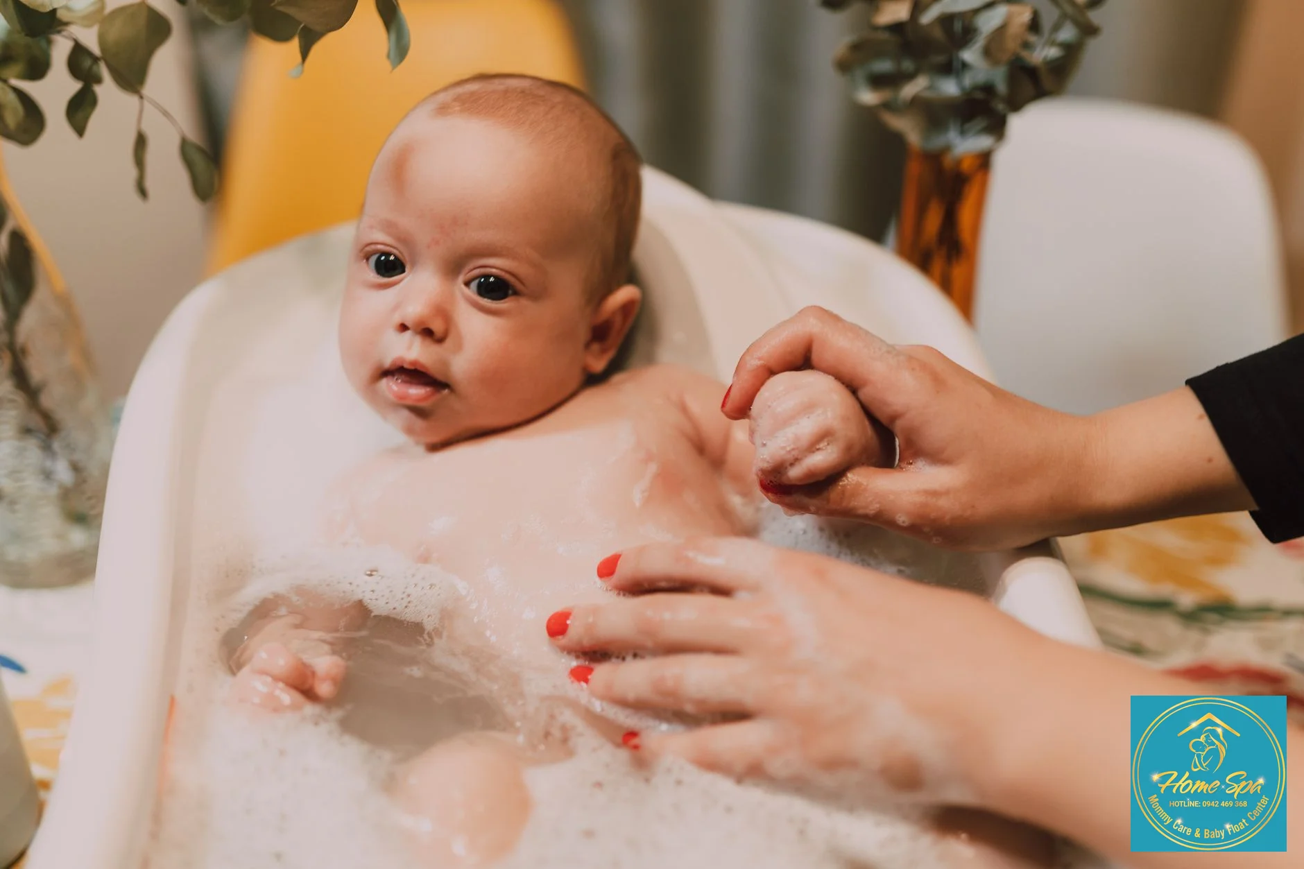 professional photo of a nurse gently bathing a newborn with a mild skin rash in a warm, clean environment, 1024x1024