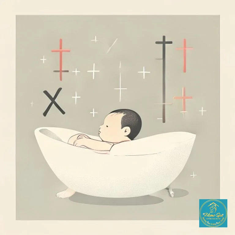 minimalist vector illustration of common mistakes in bathing a newborn, with "X" marks on incorrect actions, 1024x1024