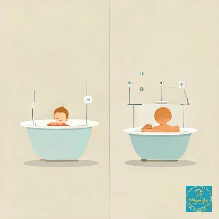 minimalist vector illustration of comparison between home baby bath and professional baby bath, two columns showing pros and cons, simple icons, 1024x1024