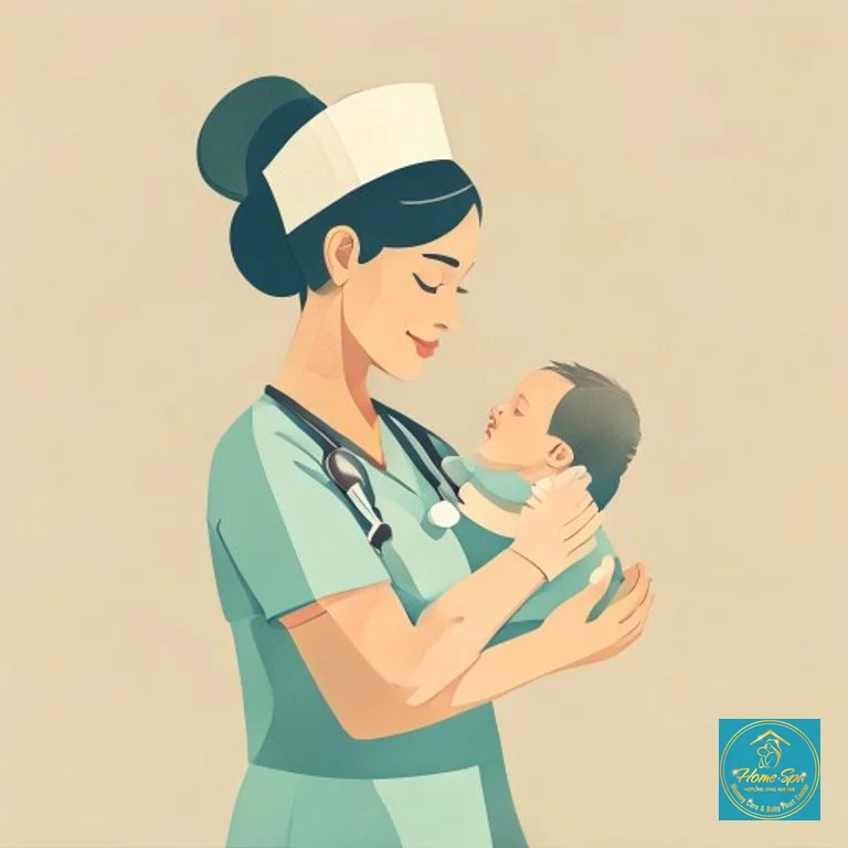 minimalist vector illustration of a professional nurse holding a newborn baby gently, soft colors, safety and care concept, 1024x1024