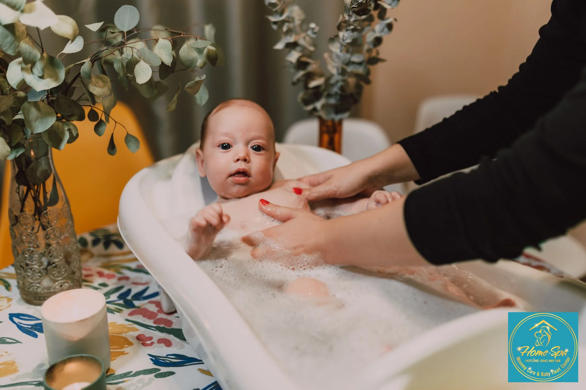 professional photo of a clean and warm baby bath setup with all necessary sterilized tools, soft lighting, 1024x1024