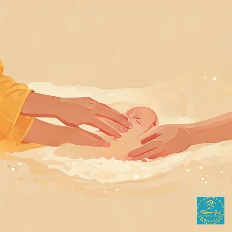 minimalist vector illustration of hands gently massaging a baby's leg during bath time, warm and soft colors, 1024x1024