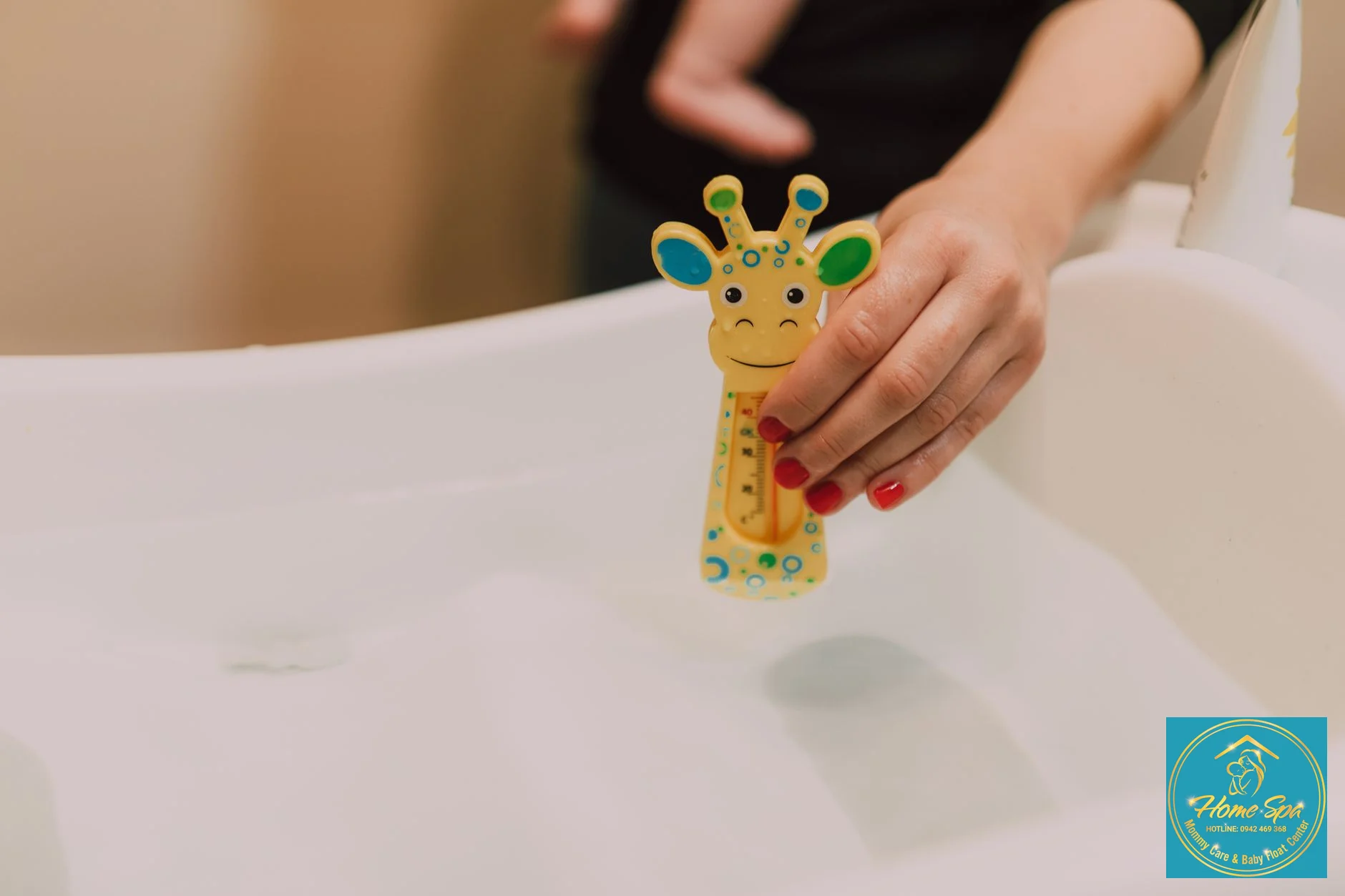 professional photo of a parent testing baby bath water temperature with an elbow, soft lighting, 1024x1024