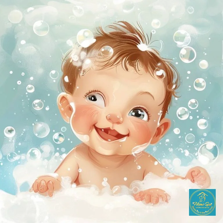 illustrative graphic of a happy baby during a bath, with gentle bubbles and a calm expression, 1024x1024