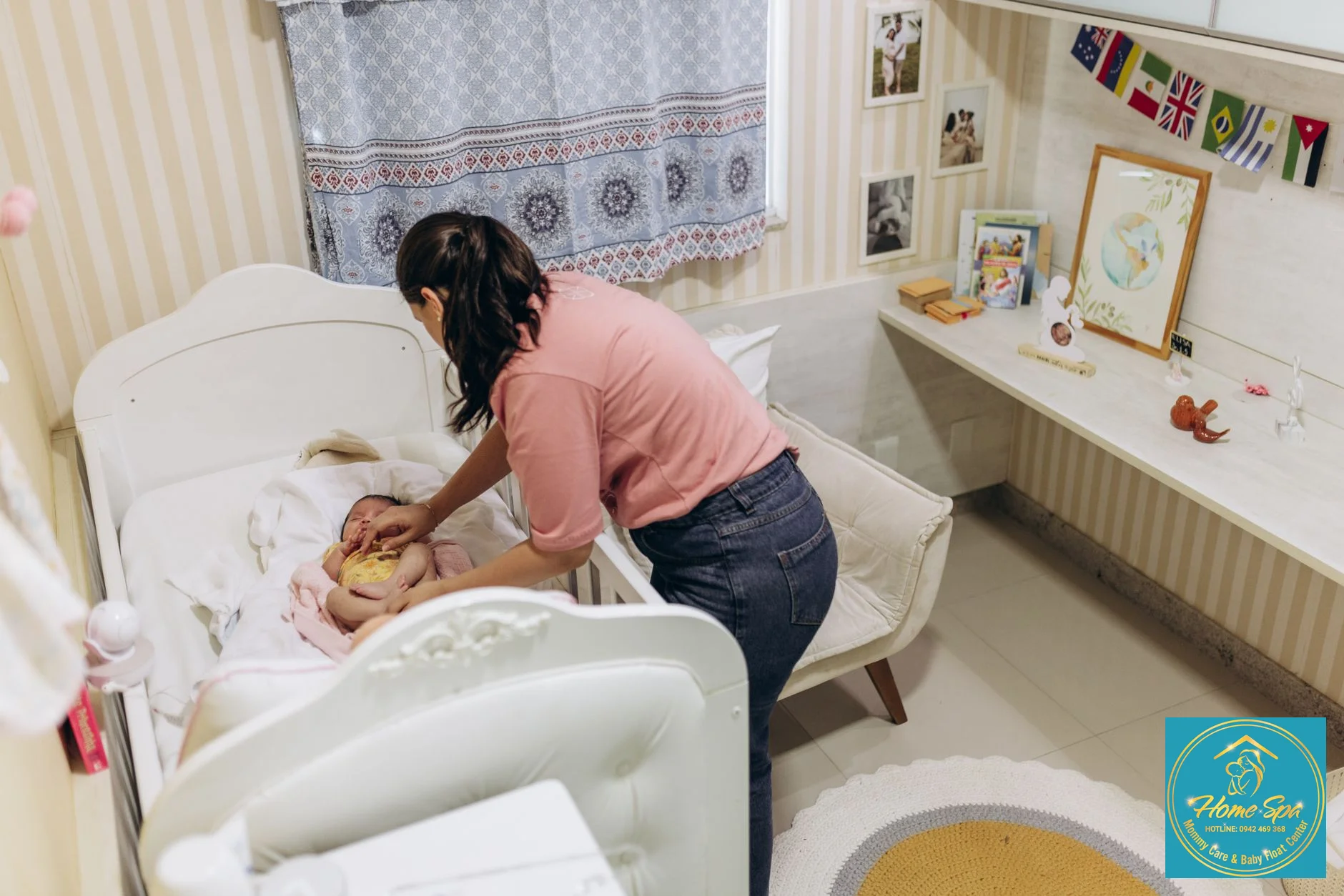 professional photo of a skilled nurse bathing a newborn baby at home, soft light, safe and gentle, 1024x1024