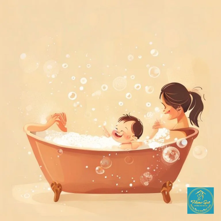 minimalist vector illustration of a happy baby in a bathtub with bubbles, parents hands gently supporting, warm colors, 1024x1024