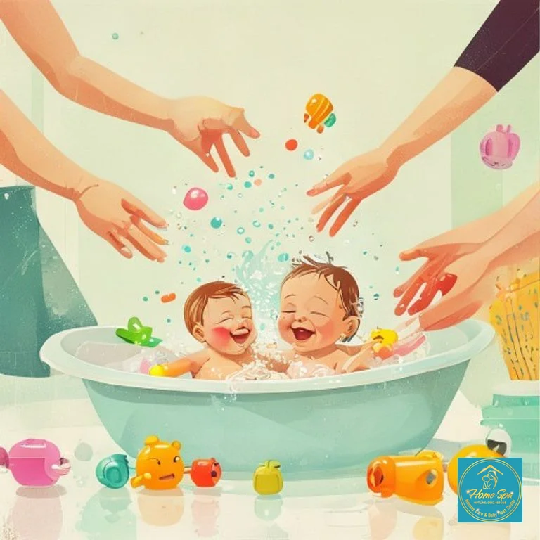 vibrant minimalist illustration of a baby happily splashing in a bathtub with colorful toys, parents hands gently supporting, 1024x1024