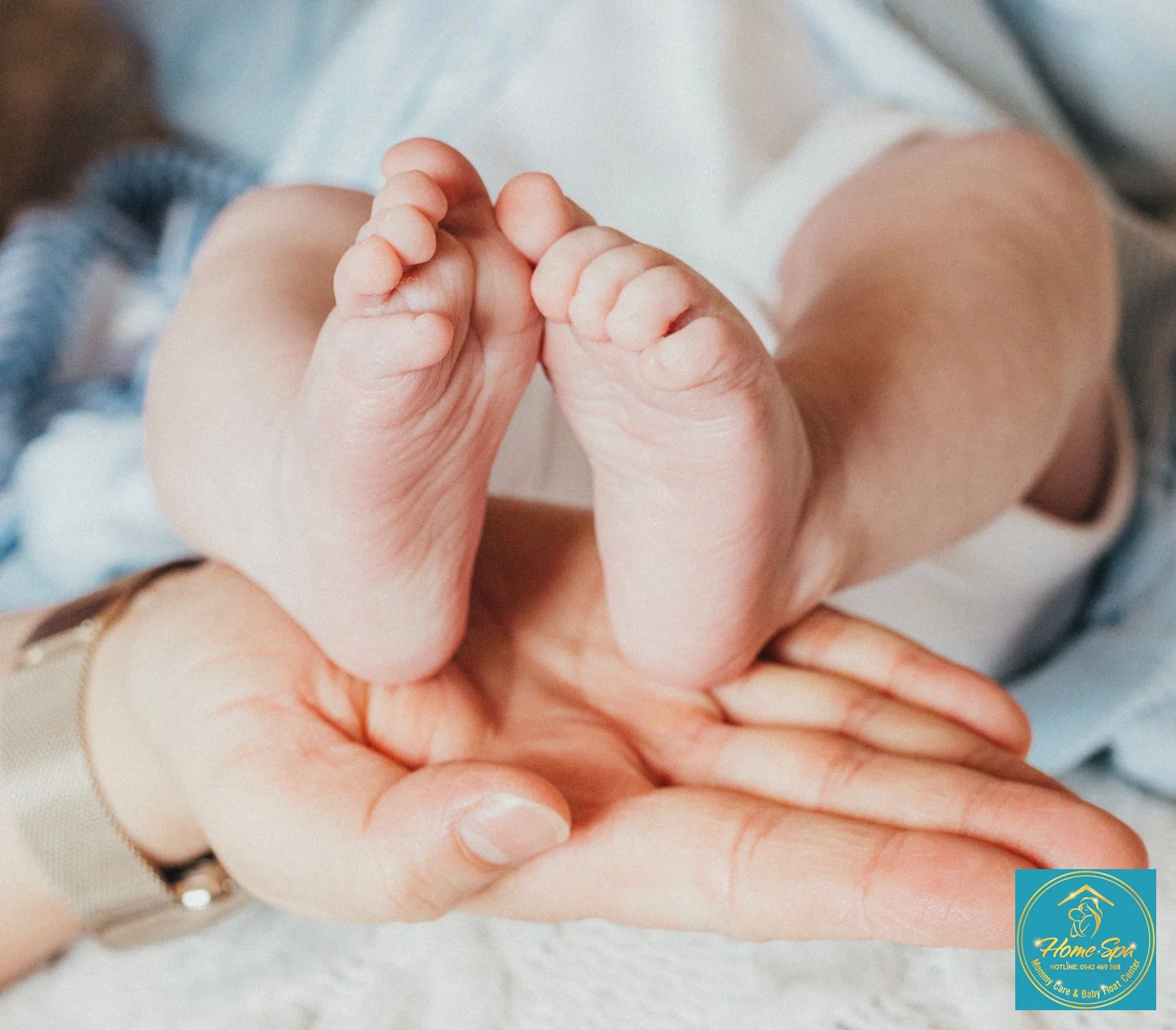 professional photo of a newborn baby gently floating in a small, warm hydrotherapy pool, with a nurse's hands supporting, soft lighting, 1024x1024