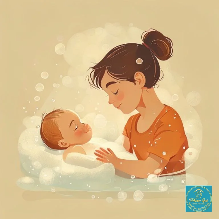 minimalist vector illustration showing a calm baby being gently bathed by a professional, with bubbles and warm steam, focus on safety and comfort, 1024x1024