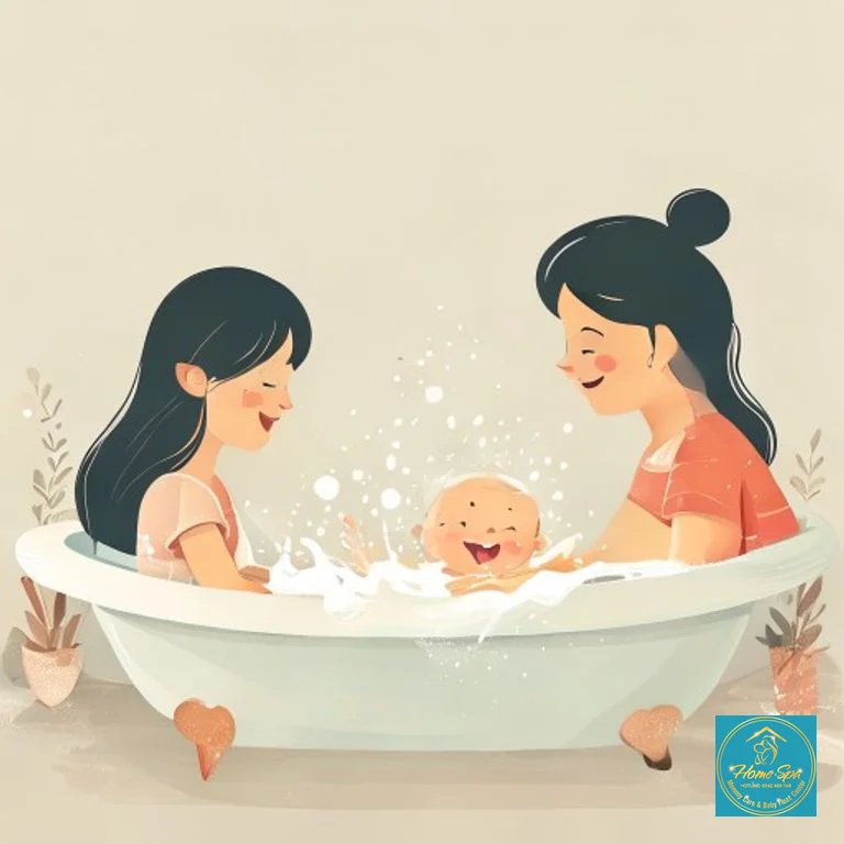 minimalist vector illustration of a baby happily splashing in a bathtub, with parents looking on calmly, clean and safe environment, 1024x1024
