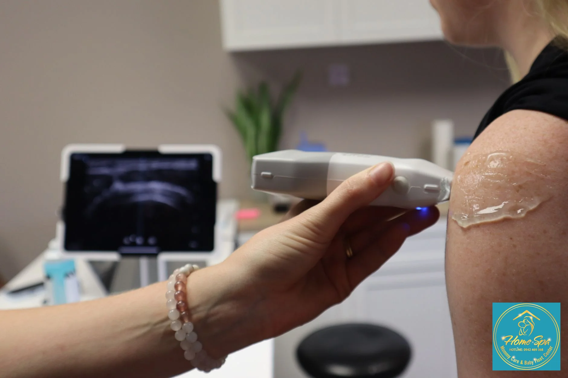 close-up shot of a lactation consultant using a handheld ultrasound device to locate a clogged milk duct on a mother's breast, clear and professional, 1024x1024
