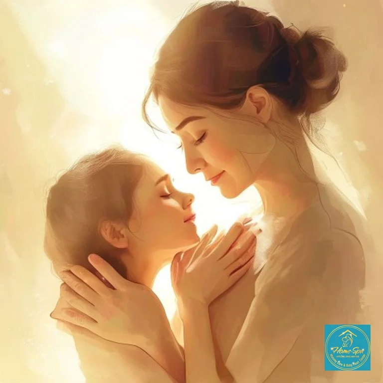 illustrative graphic of a mother gently massaging her breast with a serene expression, soft light, highlighting relief, 1024x1024