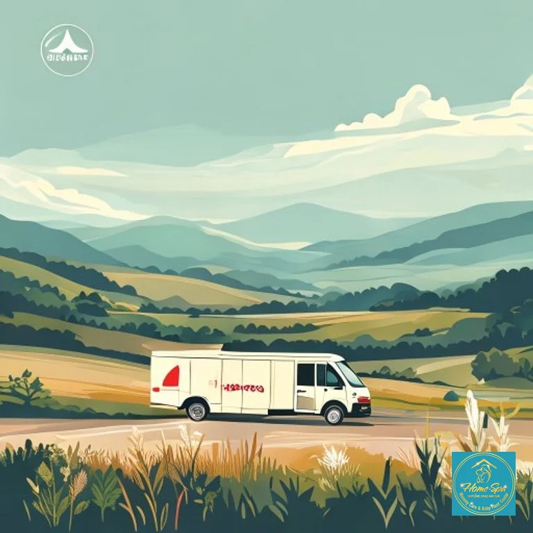 minimalist vector illustration of a delivery van with "HomeSpa" logo traveling through a scenic rural landscape of Bắc Giang, indicating mobile service, 1024x1024