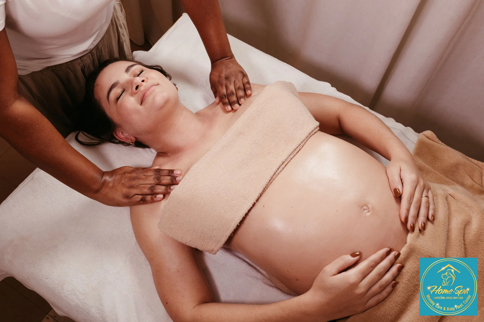 professional photo of a mother receiving a gentle massage, serene atmosphere, 1024x1024