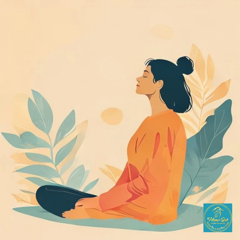 minimalist vector illustration of a mother relaxing, practicing mindfulness, surrounded by gentle, calming colors, 1024x1024