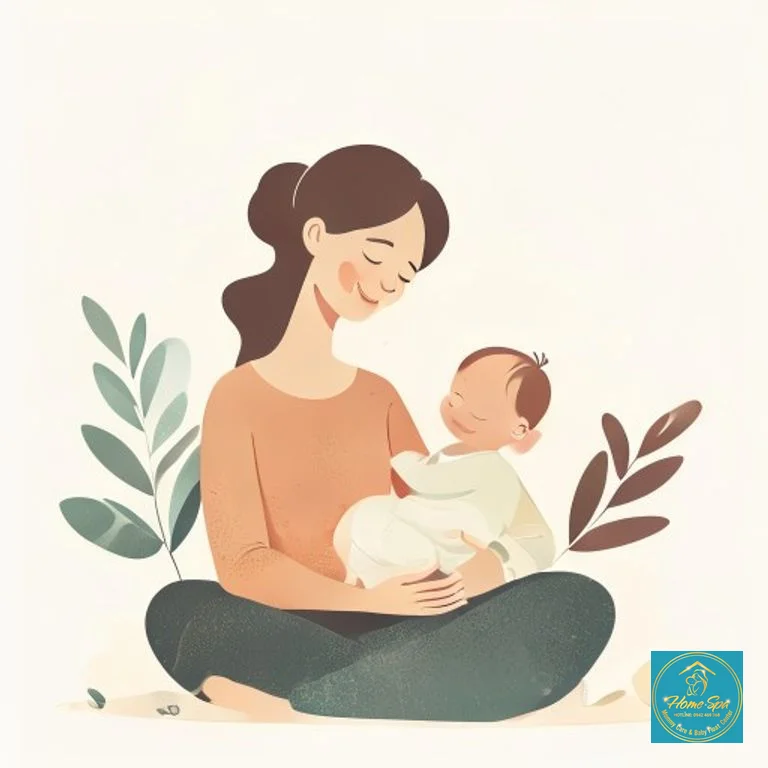 minimalist vector illustration of a happy mother resting and meditating with her baby, calm colors, 1024x1024