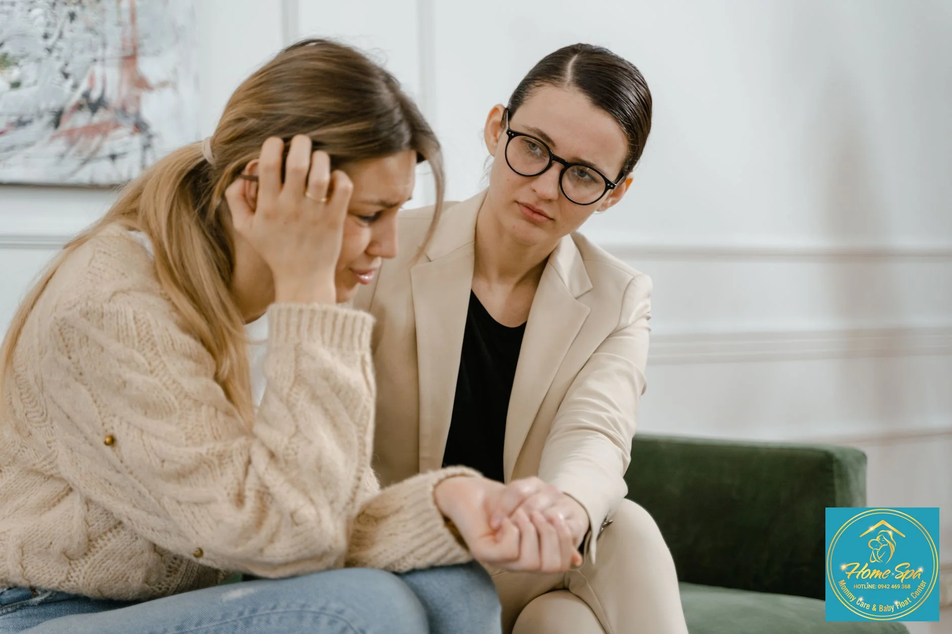 professional photo of a new mother receiving compassionate psychological counseling from a female therapist, soft and supportive environment, 1024x1024