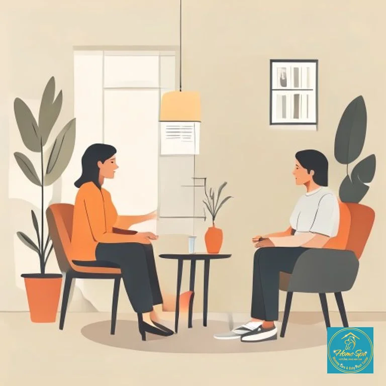 minimalist vector illustration of a comfortable home setting for psychological counseling, with a mother and therapist talking, 1024x1024