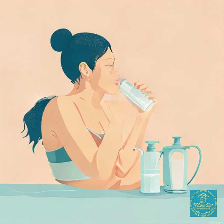 minimalist vector illustration of a woman drinking water with a breast pump nearby, emphasizing hydration and breast health, soft pastel colors, 1024x1024