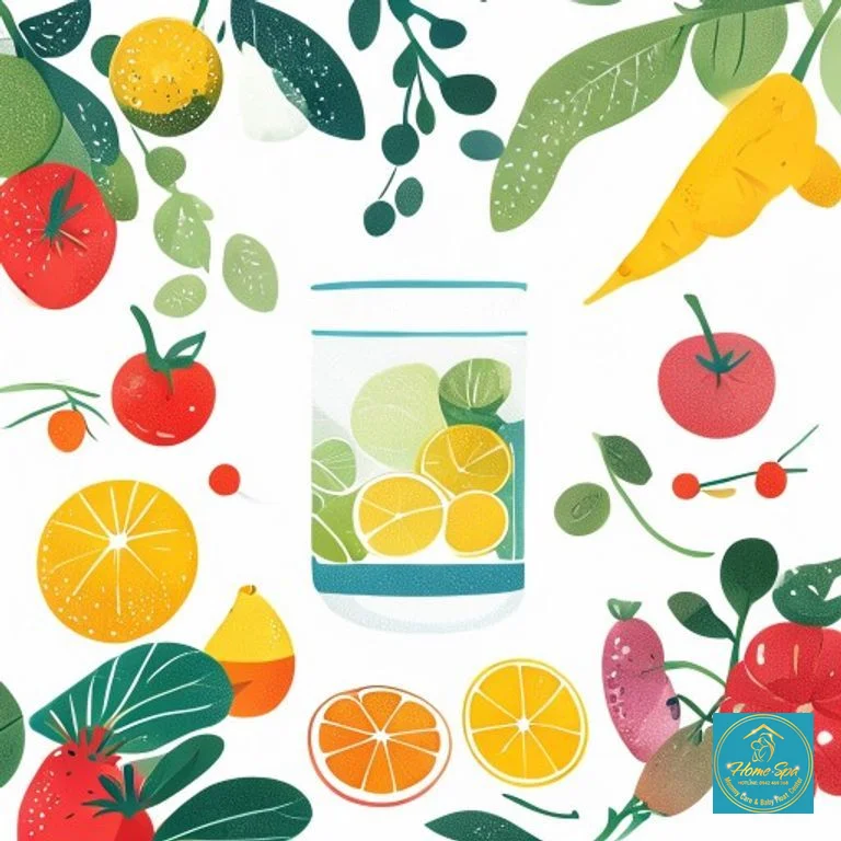minimalist illustration of healthy eating and hydration for breastfeeding mothers, focusing on fresh fruits, vegetables, and water, clean lines, vibrant colors, 1024x1024