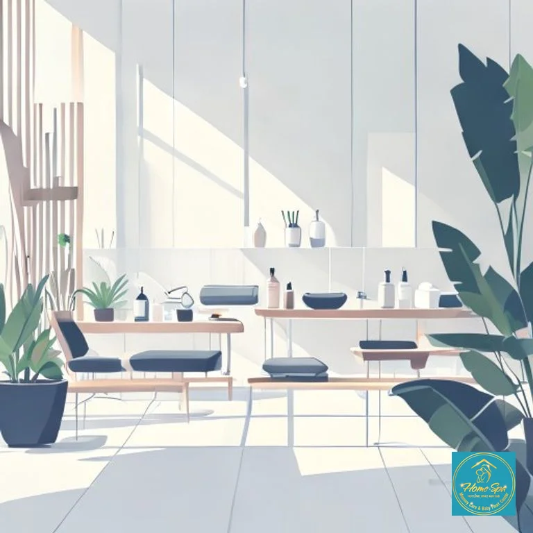 minimalist vector illustration of a professional spa environment, showing various modern tools and a calm, clean setting, 1024x1024