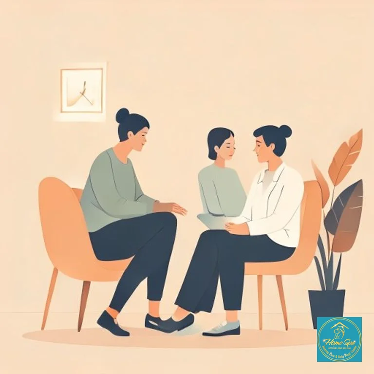 minimalist vector illustration of a mother and a supportive therapist, calm colors, 1024x1024