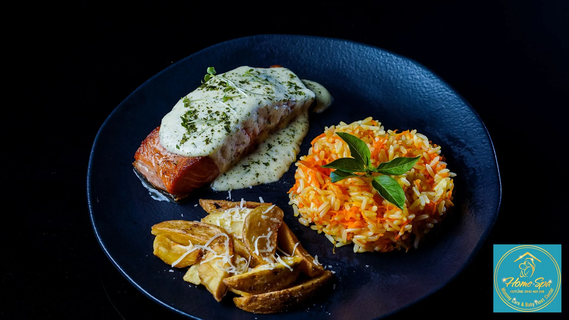 professional photo of a plate with a balanced meal for a breastfeeding mother, including salmon, brown rice, and steamed vegetables, soft natural lighting, 1024x1024