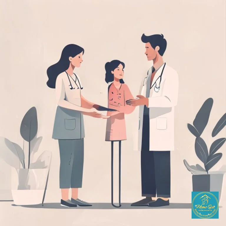 minimalist vector illustration of a doctor explaining breast health to a mother, sterile environment, calm colors, 1024x1024