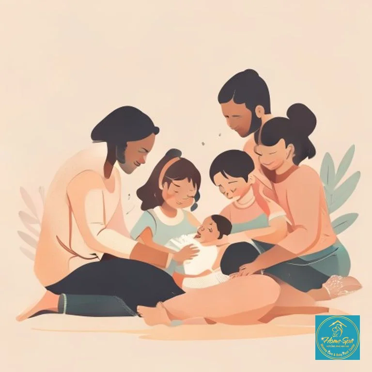 minimalist vector illustration of family members collaboratively taking care of a baby and helping a mother rest, soft pastel colors, 1024x1024