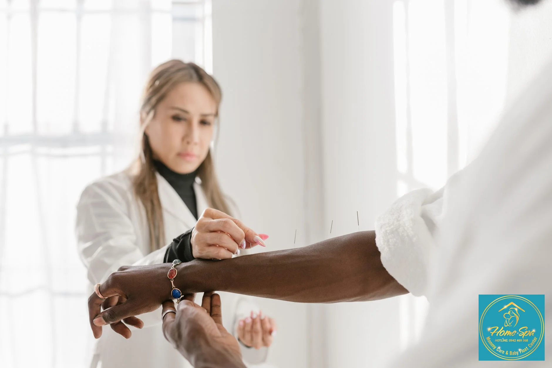 professional photo of a therapist performing acupuncture on a woman's shoulder, focus on clean needles and gentle technique, 1024x1024