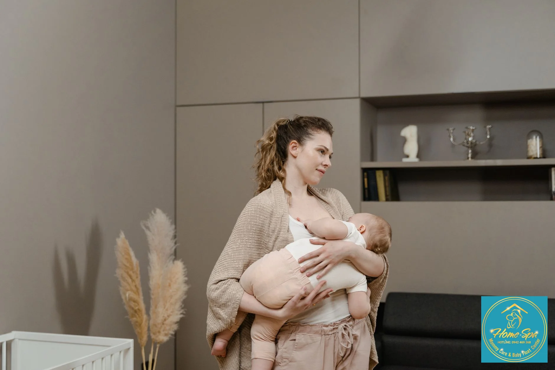professional photo of a mother breastfeeding in a calm, tidy home environment, warm lighting, 1024x1024
