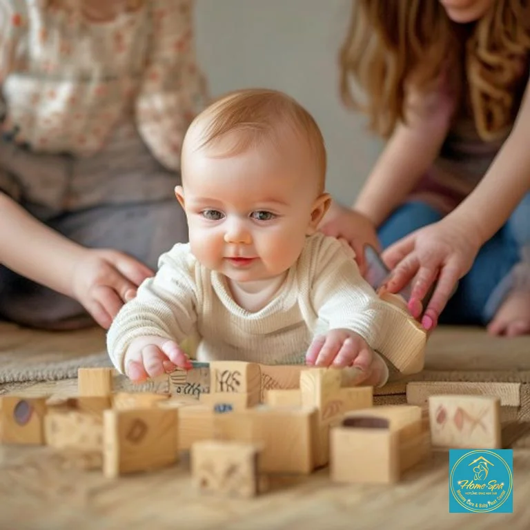 stock: professional photo of a baby (12-18 months) playing with wooden blocks