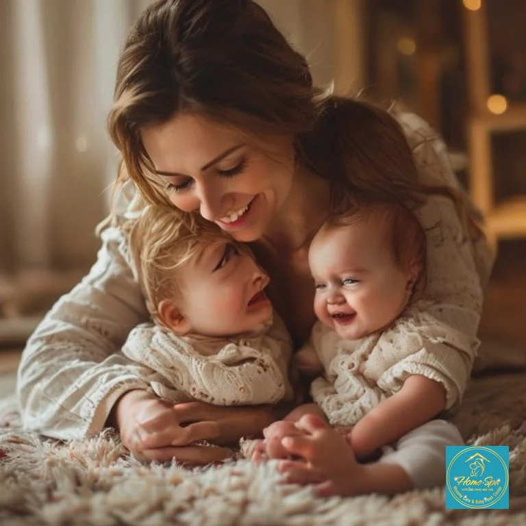 stock: professional photo of a mother gently playing and smiling with her baby on a soft rug