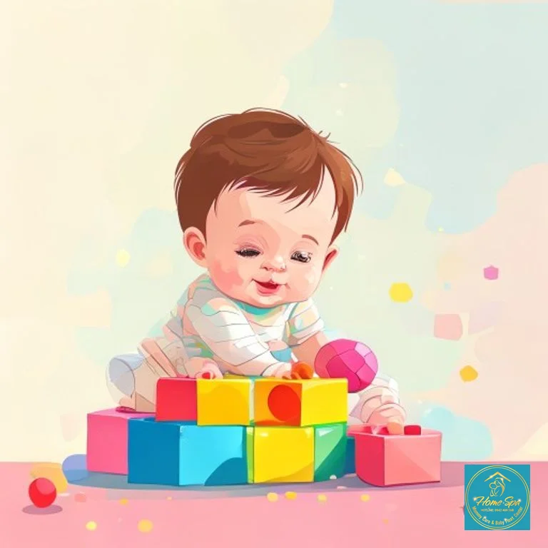 ai: minimalist vector illustration of a baby playing with soft building blocks and a colorful ball