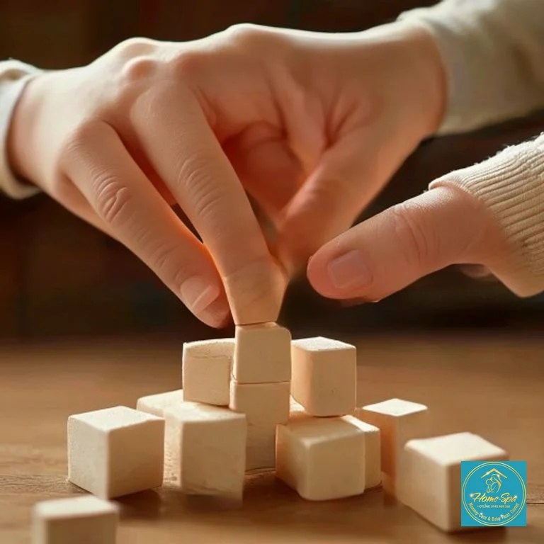 stock: close-up professional photo of an adult hand gently guiding a baby's hand to stack soft blocks