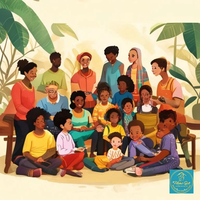 ai: illustrative graphic of diverse families interacting with children in a supportive environment