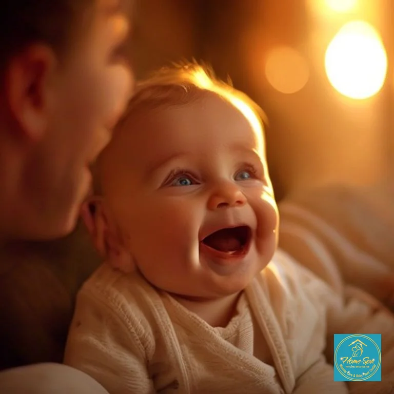 stock: A happy baby of about 9 months old babbling while looking at a smiling parent