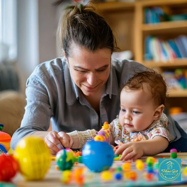stock: a professional educator playing with an infant using educational toys